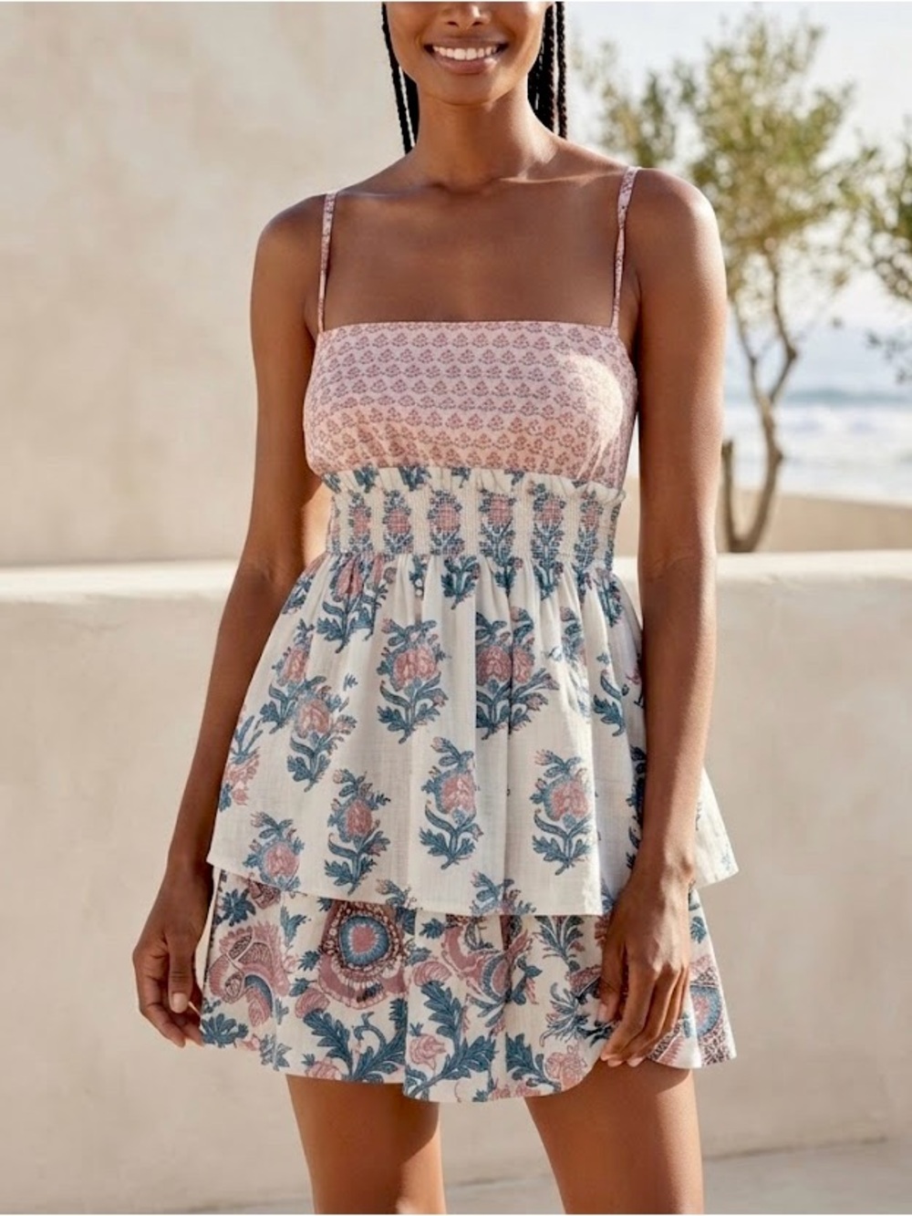 Anthropologie Celandine Floral Batik Tiered Mini Dress Size Medium